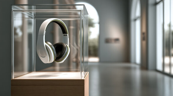 Casque audio contemporain exposé sous vitrine dans un espace muséal baigné de lumière naturelle - Agrandir l'image, fenêtre modale