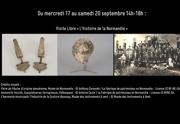 Affiche illustrée de trois artefacts normands : fibules médiévales, ammonite fossile et photographie ancienne d'une harmonie municipale. - Agrandir l'image, fenêtre modale