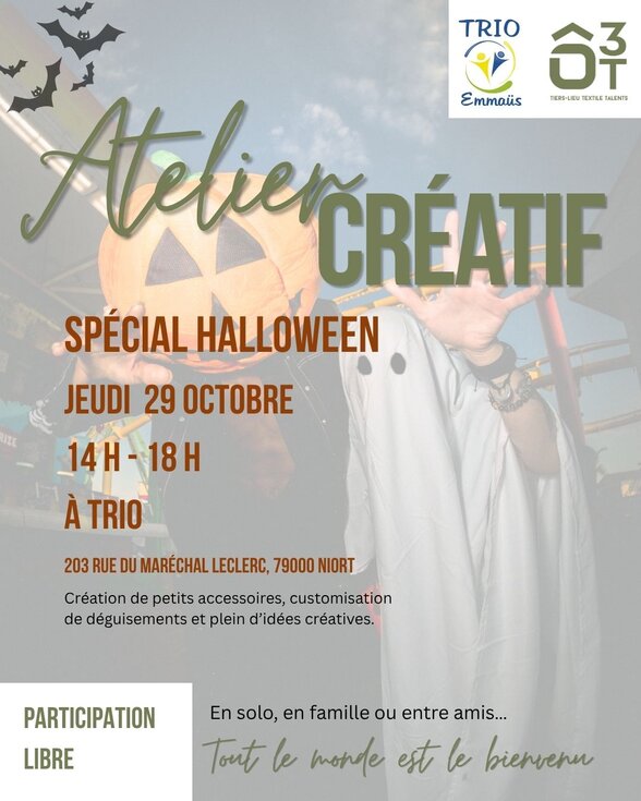 Affiche de l'atelier créatif spécial Halloween à Trio, avec une personne déguisée en citrouille et un fantôme