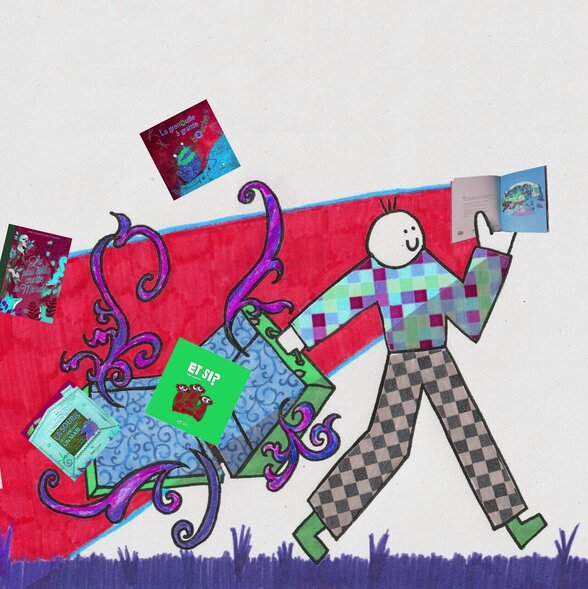 Personnage fantaisiste tenant un album ouvert, entouré de livres jeunesse colorés tourbillonnant dans une composition vive - Agrandir l'image, fenêtre modale