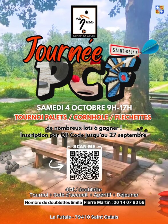 Affiche du tournoi PCF ASESG – samedi 4 octobre 9h-17h, La Futaie à Saint-Gelais, inscription par QR code - Agrandir l'image, fenêtre modale