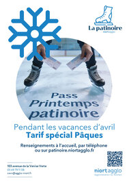 Affiche Pass Printemps Patinoire Niort Agglo – renseignements au 05 49 79 11 08 ou sur patinoire.niortaggerlo.fr