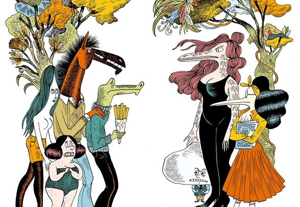 l'univers des Contes du Marylène par Anne Simon, avec des personnages hybrides mi-humains mi-animaux - Agrandir l'image, fenêtre modale