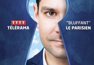 Affiche du spectacle : visage de Rémi Larrousse encadré dans une serrure, notée TTTT Télérama et « Bluffant » par Le Parisien - Agrandir l'image, fenêtre modale