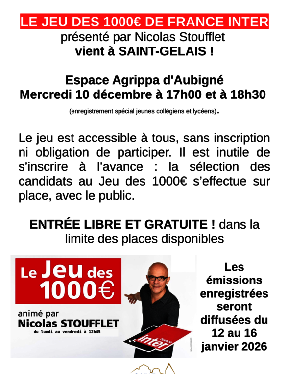 Affiche du Jeu des 1000€ animé par Nicolas Stoufflet à Saint-Gelais, entrée libre, diffusions du 12 au 16 janvier 2026 - Agrandir l'image, fenêtre modale