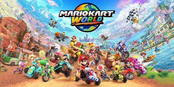 Affiche officielle de Mario Kart World avec Mario, Bowser, Peach et d'autres personnages Nintendo lancés en course - Agrandir l'image, fenêtre modale
