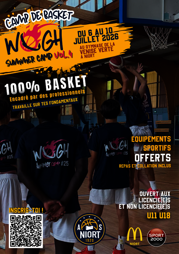 Affiche WOGH Summer Camp Vol.4 : jeunes basketteurs en entraînement, équipements et repas inclus, inscription par QR code - Agrandir l'image, fenêtre modale
