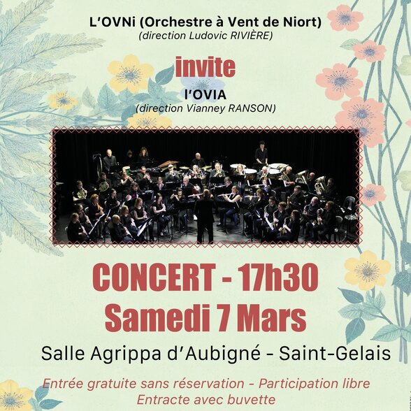 Affiche du concert OVNi invitant l'OVIA, samedi 7 mars à 17h30, salle Agrippa d'Aubigné, Saint-Gelais - Agrandir l'image, fenêtre modale