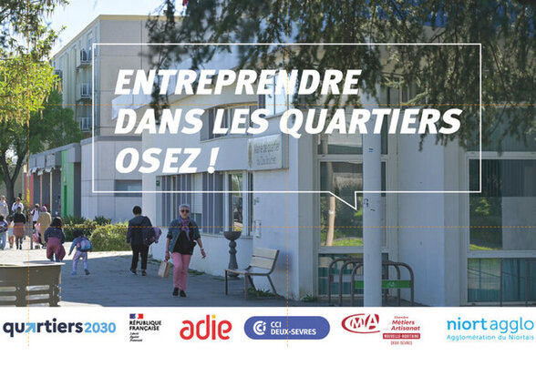 Affiche « Osez ! » avec logos des partenaires Quartiers 2030, CCI Deux-Sèvres, CMA et Niort Agglo, devant la mairie de quartier du Clou-Bouchet - Agrandir l'image, fenêtre modale