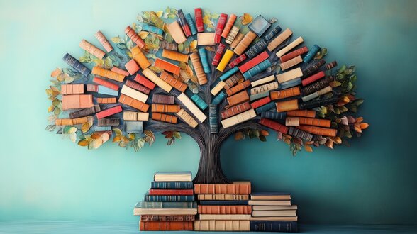 Arbre symbolique dont les branches sont entièrement composées de livres colorés, avec des ouvrages empilés à sa base. - Agrandir l'image, fenêtre modale