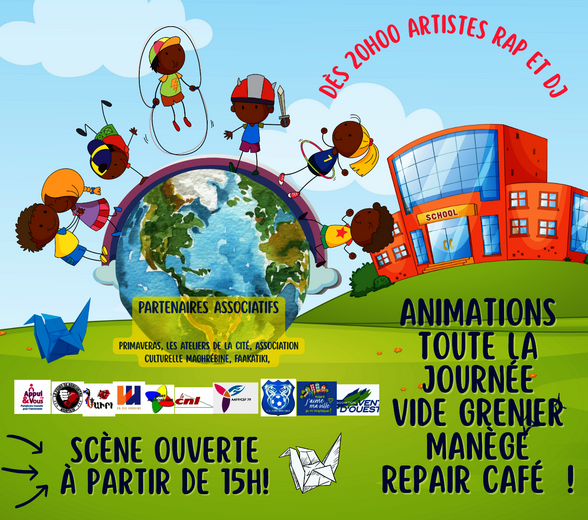 Affiche de l'événement, thème Balade autour du monde, samedi 7 juin 2025, manège, repair café, artistes rap et DJ dès 20h - Agrandir l'image, fenêtre modale