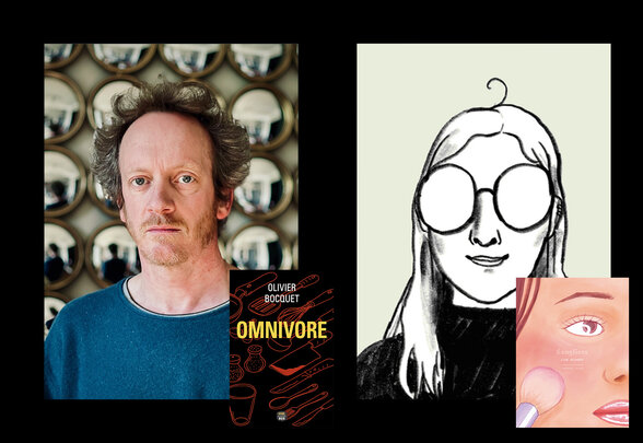 Olivier Bocquet avec son roman Omnivore et portrait illustré de Lisa Blumen avec sa bande dessinée Sangliers - Agrandir l'image, fenêtre modale