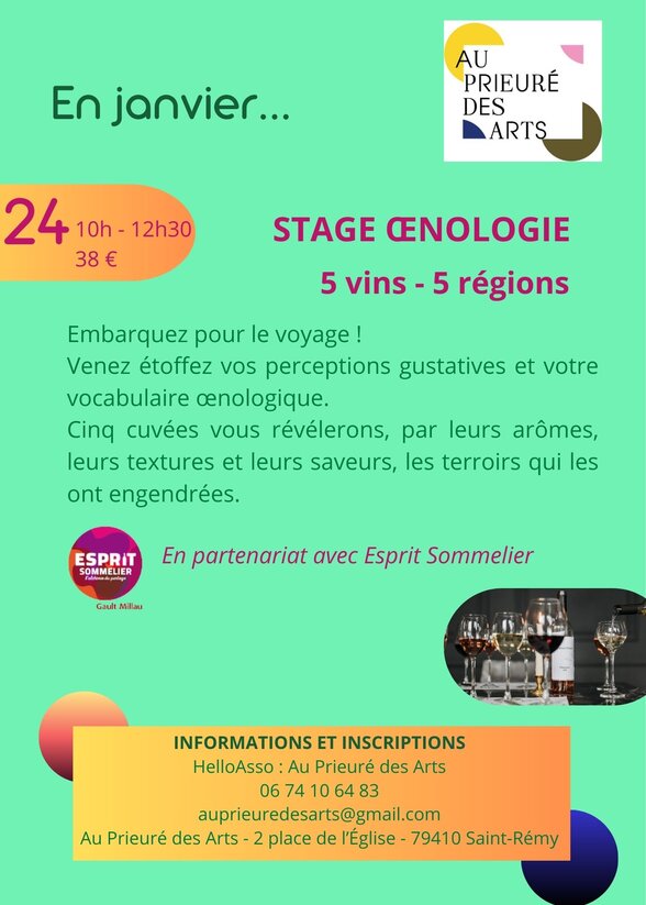 Affiche du stage œnologie le 24 janvier, 10h-12h30, 38 € – 5 vins, 5 régions – Au Prieuré des Arts, Saint-Rémy - Agrandir l'image, fenêtre modale