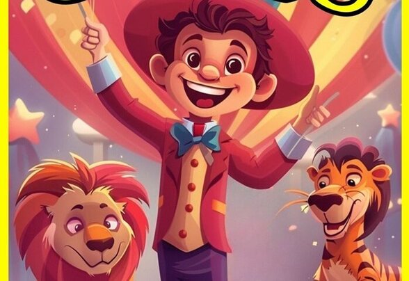 Affiche animée : un jeune dompteur en costume rouge entouré d'un lion et d'un tigre souriants sur une piste de cirque colorée - Agrandir l'image, fenêtre modale