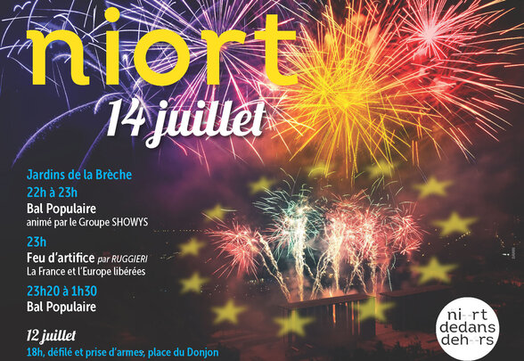 Programme du 14 juillet à Niort : bal populaire avec SHOWYS (22h-23h), feu d'artifice Ruggieri (23h) - Agrandir l'image, fenêtre modale