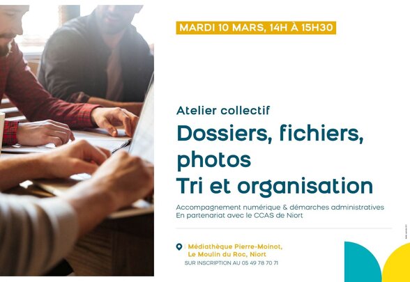 Affiche atelier collectif numérique — mardi 10 mars, 14h-15h30, Médiathèque Pierre-Moinot, Niort, avec le CCAS - Agrandir l'image, fenêtre modale