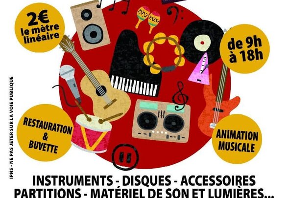 Affiche du 2e Vide Studio de Musique : 2 € le mètre linéaire, instruments, disques, partitions, restauration et animation musicale. - Agrandir l'image, fenêtre modale