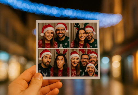 Planche de 4 tirages de cabine photo tenue à la main, participants coiffés de bonnets et serre-têtes festifs, lumières de Noël en arrière-plan - Agrandir l'image, fenêtre modale