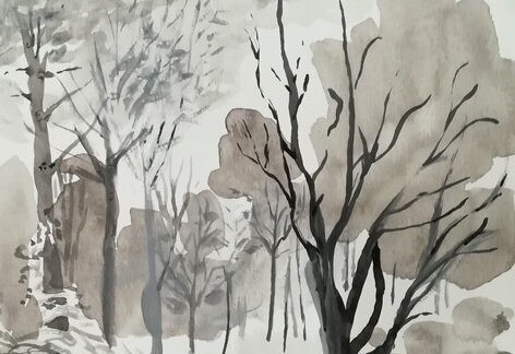 Aquarelle en camaïeu de gris représentant un sous-bois avec arbres dénudés et chemin enneigé - Agrandir l'image, fenêtre modale