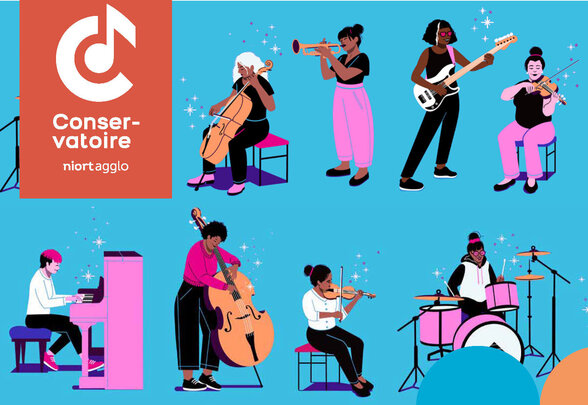 Affiche du Conservatoire Niort Agglo illustrant des musiciens jouant violon, piano, trompette, guitare basse et batterie - Agrandir l'image, fenêtre modale