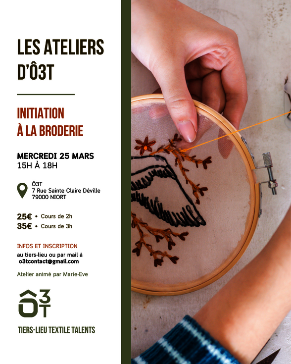 Affiche Ô3T : mercredi 25 mars 15h-18h à Niort – 25€/2h ou 35€/3h, atelier animé par Marie-Eve - Agrandir l'image, fenêtre modale