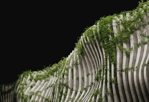 Structure architecturale aux nervures ondulées en béton, envahie par une végétation verte, fusionnant minéral et vivant - Agrandir l'image, fenêtre modale