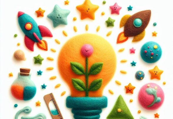 Ampoule en feutrine avec une plante, entourée d'étoiles, fusées et tubes à essai colorés pour enfants - Agrandir l'image, fenêtre modale