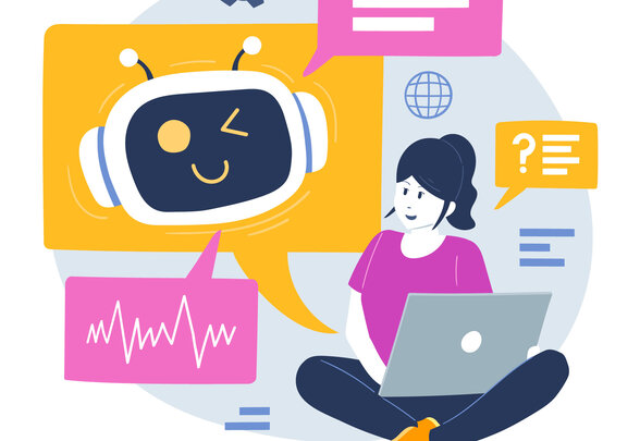 Une personne assise avec un ordinateur portable échange des messages avec un robot conversationnel souriant. - Agrandir l'image, fenêtre modale