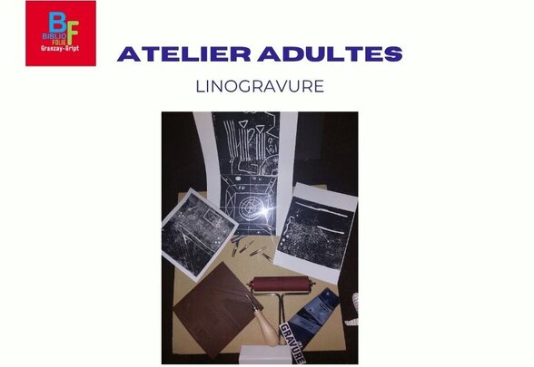 Rouleau encreur, gouges de gravure, plaque de lino et estampes noir et blanc issues d'un atelier de linogravure - Agrandir l'image, fenêtre modale