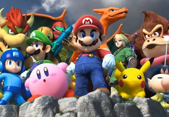 Personnages emblématiques de Super Smash Bros. réunis : Mario, Pikachu, Kirby, Donkey Kong, Link et Méga Man - Agrandir l'image, fenêtre modale