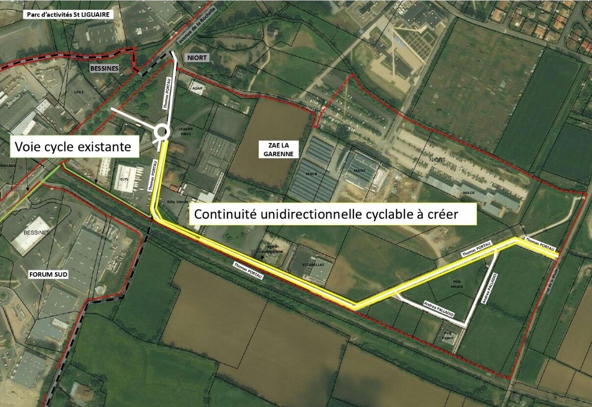 Plan aérien de la ZAE La Garenne indiquant le tracé de la continuité cyclable à créer rue Thomas Portau