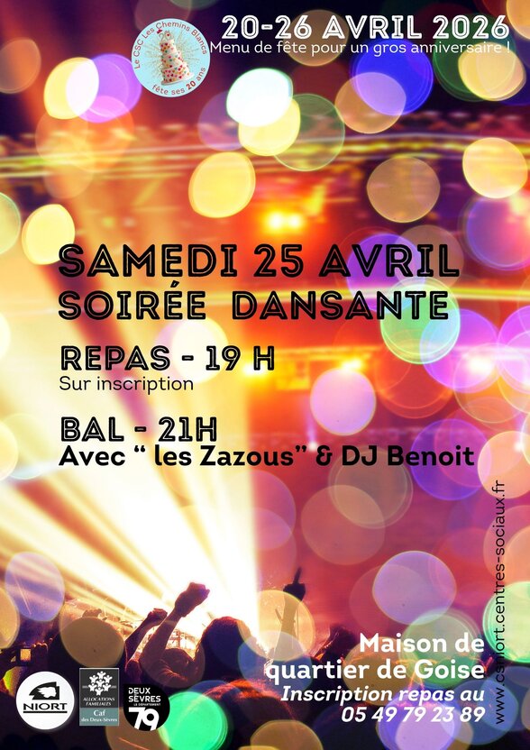 Affiche programme de la semaine des 20 ans du CSC, du 20 au 26 avril 2026, soirée dansante le samedi 25 - Agrandir l'image, fenêtre modale
