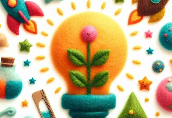 Composition en feutrine colorée : ampoule avec plante, fusées, étoiles et outils scientifiques symbolisant la curiosité des enfants - Agrandir l'image, fenêtre modale