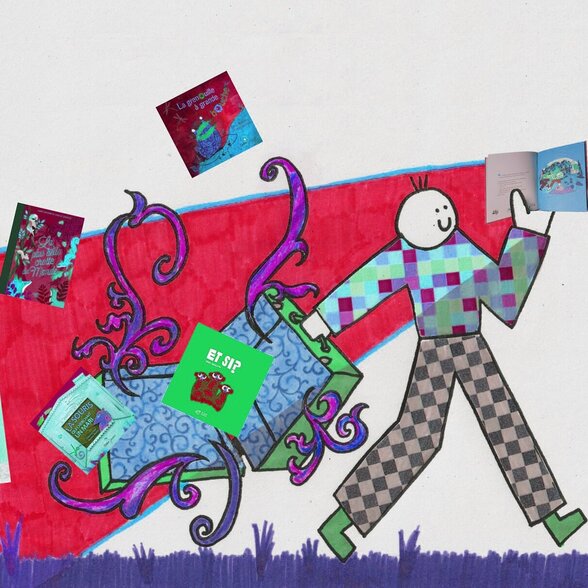 Personnage joyeux brandissant des albums jeunesse entouré de livres volants et d'arabesques colorées évoquant l'imaginaire enfantin - Agrandir l'image, fenêtre modale