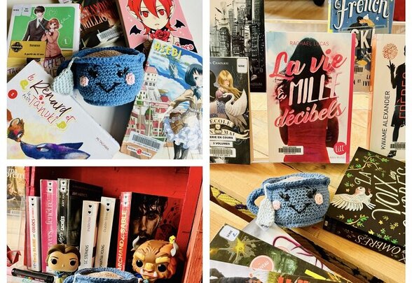 Sélection de mangas et romans jeunesse accompagnés de figurines Funko Pop et d'une corbeille au crochet - Agrandir l'image, fenêtre modale