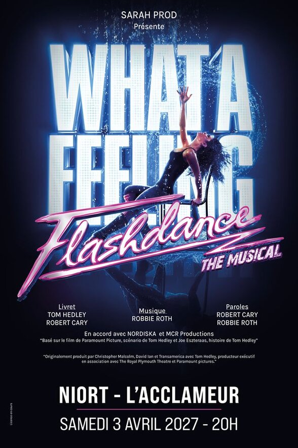 Affiche officielle : danseuse en suspension sur fond bleu néon, slogan « What a Feeling », samedi 3 avril 2027 à 20h - Agrandir l'image, fenêtre modale