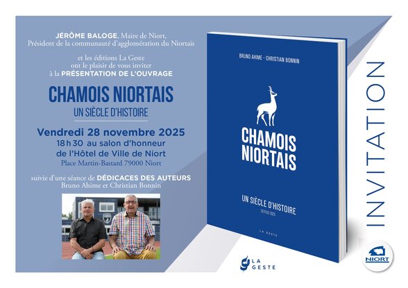 Carton d'invitation officiel signé par Jérôme Baloge pour la soirée du 28 novembre 2025 à 18h30, salon d'honneur de l'Hôtel de Ville de Niort - Agrandir l'image, fenêtre modale