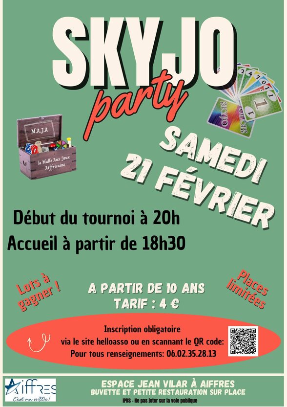 Affiche du tournoi Skyjo le samedi 21 février, Espace Jean Vilar, accueil 18h30, début 20h, tarif 4 € - Agrandir l'image, fenêtre modale
