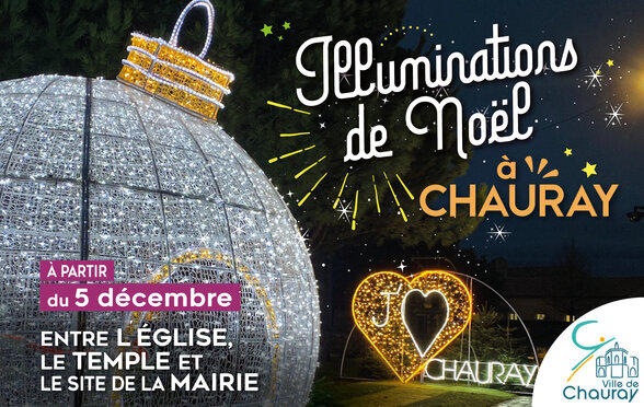 Boule de Noël géante illuminée et sculpture lumineuse en forme de cœur portant l'inscription Chauray - Agrandir l'image, fenêtre modale