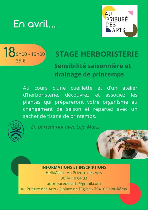 Affiche du stage herboristerie : le 18 avril de 9h à 13h, tarif 35 €, au Prieuré des Arts à Saint-Rémy - Agrandir l'image, fenêtre modale