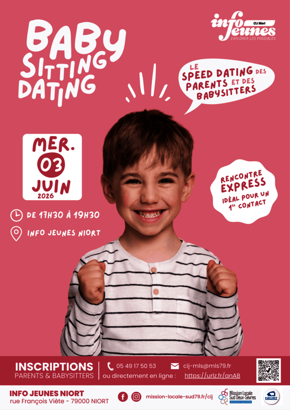 Affiche : mercredi 3 juin 2026, 17h30-19h30, Info Jeunes Niort – speed dating parents et babysitters - Agrandir l'image, fenêtre modale