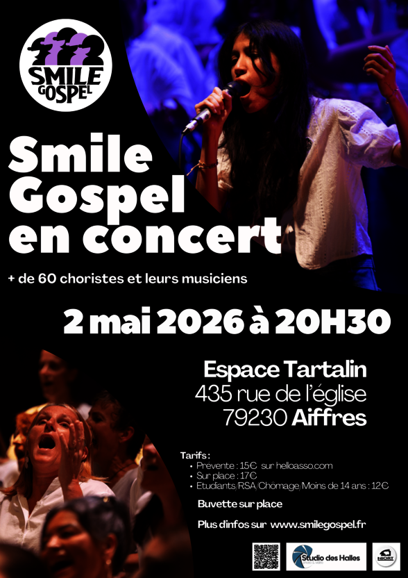 Affiche Smile Gospel : 2 mai 2026 à 20h30, tarifs 15€ prévente, 17€ sur place, 12€ réduit, smilegospel.fr - Agrandir l'image, fenêtre modale
