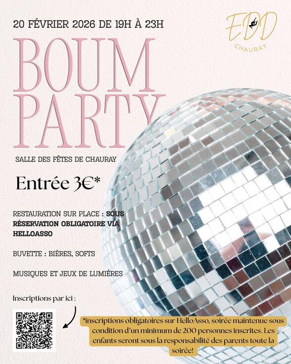 Affiche annonçant la soirée du 20 février 2026, 19h-23h, Salle des fêtes de Chauray, organisée par EDD Chauray - Agrandir l'image, fenêtre modale