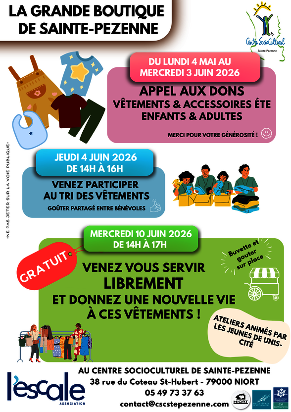 Affiche La Grande Boutique de Sainte-Pezenne : dons jusqu'au 3 juin, tri le 4 juin, boutique gratuite le 10 juin 2026 au CSC - Agrandir l'image, fenêtre modale