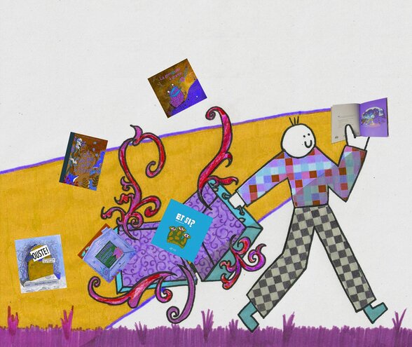 Personnage illustré marchant avec une valise d'où s'envolent des livres jeunesse colorés - Agrandir l'image, fenêtre modale