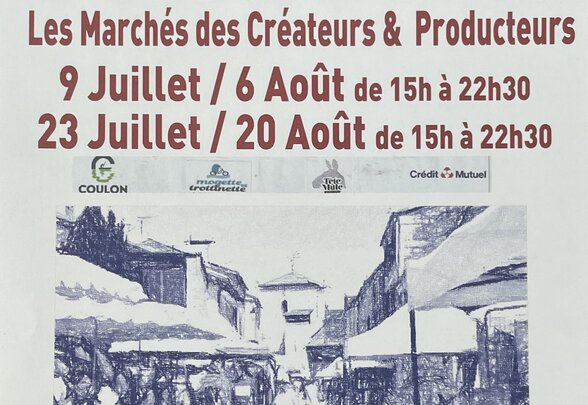 Affiche des marchés de Coulon organisés par l'AMCM, coordonnées d'Alain Sionnet et tarif 4,50 € le mètre - Agrandir l'image, fenêtre modale
