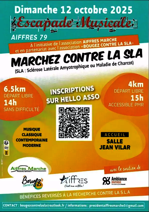 Affiche Escapade Musicale — marche du 12 octobre 2025 à Aiffres, organisée par l'association Aiffres Marche en partenariat avec Bougez contre la SLA - Agrandir l'image, fenêtre modale