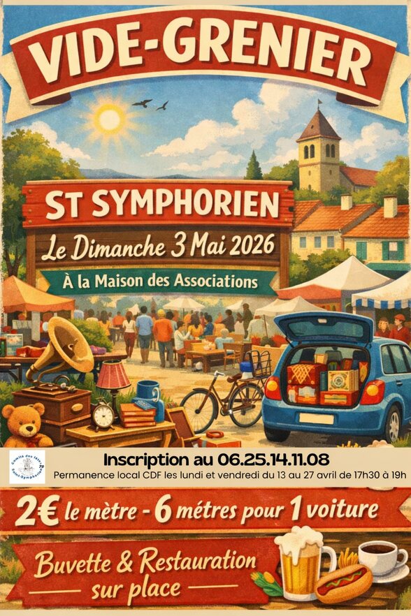 Affiche rétro du vide-grenier : formule 6 mètres pour 1 voiture, permanences d'inscription CDF en avril. - Agrandir l'image, fenêtre modale