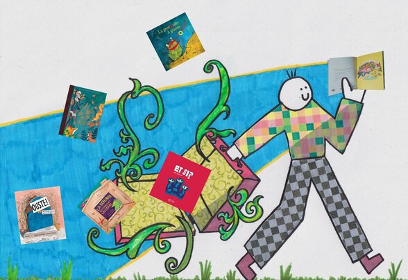 Illustration colorée d'un personnage dessiné tenant des livres, entouré d'albums jeunesse et de volutes végétales - Agrandir l'image, fenêtre modale