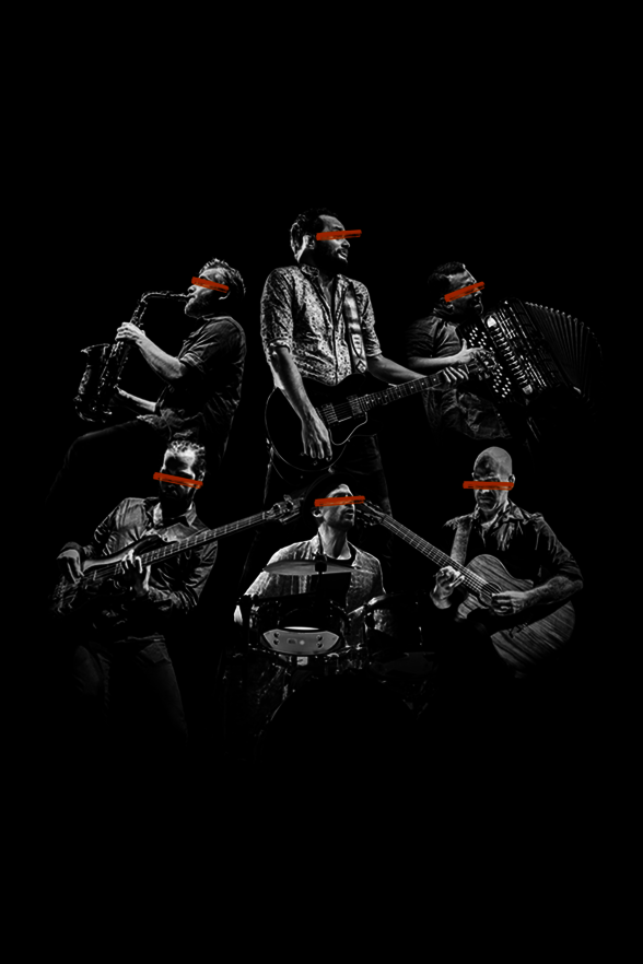 Six musiciens en noir et blanc, les yeux masqués par un bandeau orange, jouant saxo, guitares, accordéon et batterie - Agrandir l'image, fenêtre modale